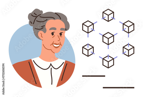 Elderly woman portrait with blockchain network of interconnected cubes. Ideal for technology, education, communication, connectivity, generational gap, innovation, collaboration. Simple flat metaphor