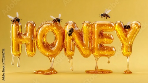 Bees flying around honey letters dripping with golden nectar