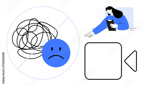 Sad face with crossed-out scribbles, person gesturing with a tablet, and navigation icons. Ideal for problem-solving, guidance, clarity, communication, decision-making, mental health simple landing