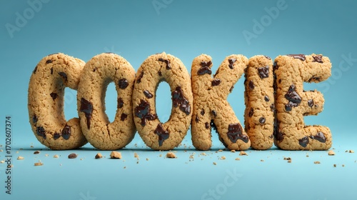 Chocolate chip cookies forming the word cookie on a blue background