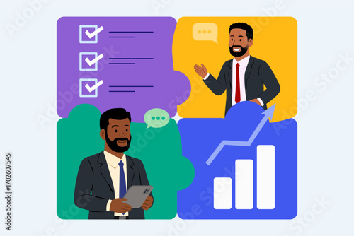 Business Team Discussion and presentation. Vector cartoon illustration in a flat style of business people discussing and presenting in a meeting jigsaw. Isolated from background.