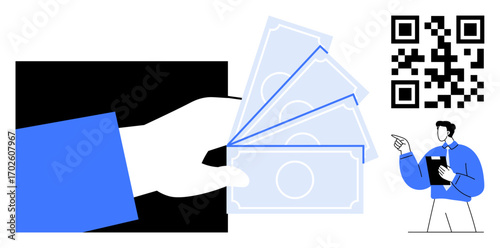 Hand holding cash, QR code, and businessman pointing at payment options. Ideal for e-commerce, transactions, mobile banking, business solutions, fintech, digital wallets flat simple metaphor