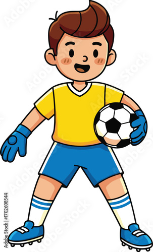 Cartoon boy soccer goalkeeper holding ball, wearing yellow jersey, blue gloves, cleats, standing confident, smiling, sports kid, soccer player, kids game