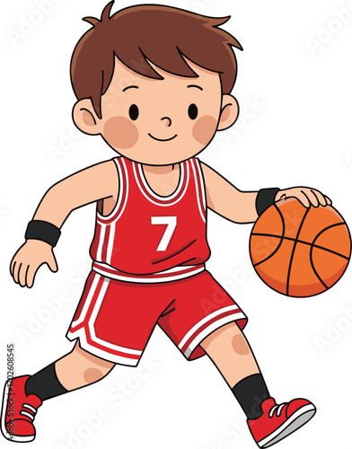 Cartoon boy playing basketball, dribbling ball, wearing red uniform, sporty child character, active game, young athlete, team sport illustration