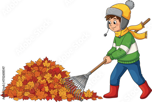 Cartoon boy raking autumn leaves, wearing warm clothes, red boots, green sweater, winter hat, fall season, outdoor activity, yard cleanup, fun