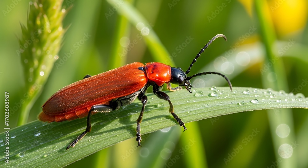 Naklejka premium Red Beetle on a Blade of Grass in Dewdrops.