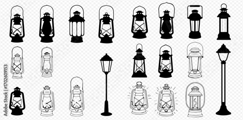 A comprehensive collection of various vintage and modern lanterns and streetlights depicted in both silhouette and outline styles.