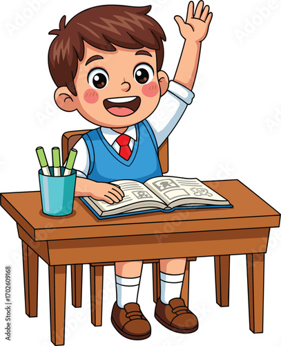 Happy schoolboy raising hand in classroom, sitting at wooden desk with open book, wearing uniform, learning, education, active student