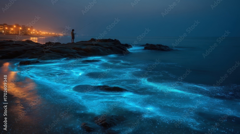 Obraz premium A solitary figure stands on rugged rocks amidst glowing blue bioluminescent waves during dusk,