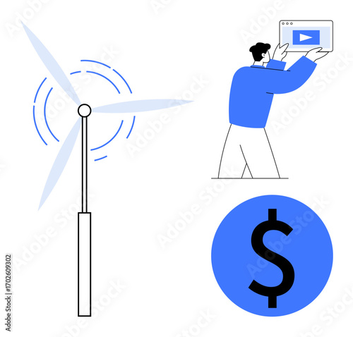 Wind turbine generating energy, person holding video player screen, and dollar sign symbol. Ideal for sustainability, technology, renewable energy, clean energy, financial growth, innovation simple