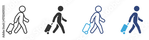 Traveler  icons, person walking and pulling a suitcase icon set, vector illustration. 