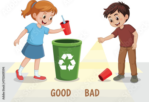 Two kids learning recycling and environmental responsibility, girl throwing trash in recycling bin, boy dropping cup on ground, good vs bad