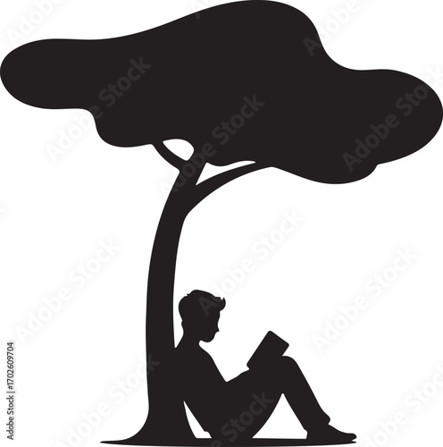 Silhouette of a person reading a book under a stylized tree on a white background vector illustration