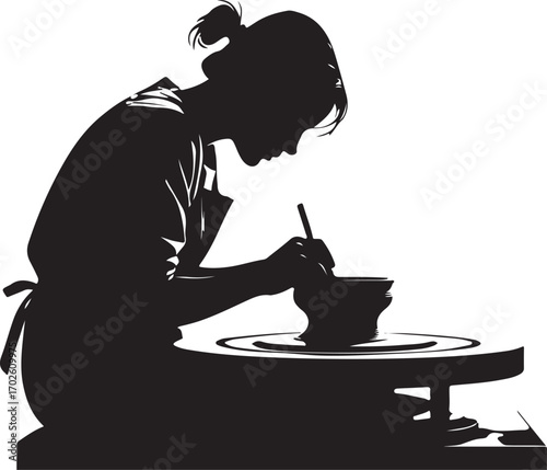 Silhouette of a woman using a tool to shape clay on a pottery wheel shaping