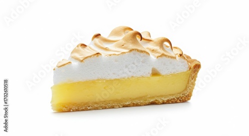 slice of lemon meringue pie with golden peaks isolated on white background for dessert or bakery uses