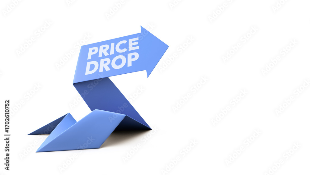 Blue arrow pointer on white background. Price drop. Text. Copy space. 3D rendering. Illustration.. Blue arrow pointer on white background. Price drop. Text. Copy space. 3D rendering. Illustration..