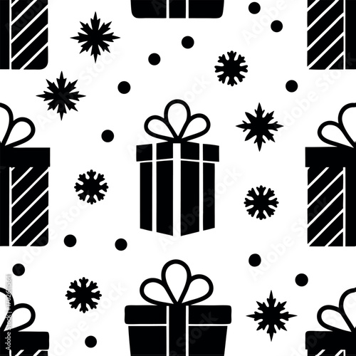 Holiday Present Pattern: A festive seamless pattern showcases elegant gift boxes and delicate snowflakes. This design encapsulates the spirit of the holiday season.