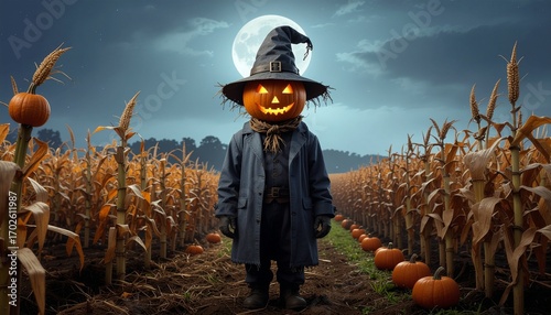 Halloween pumpkin face lantern at night with misty smoke. Halloween background.