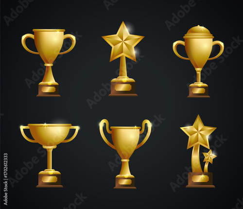 Vector art of set of golden trophies and star awards on a dark background