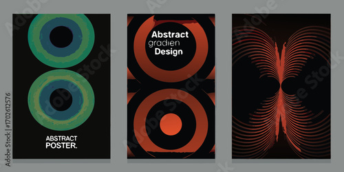 Set of three abstract gradient posters with circular and organic designs on black backgrounds