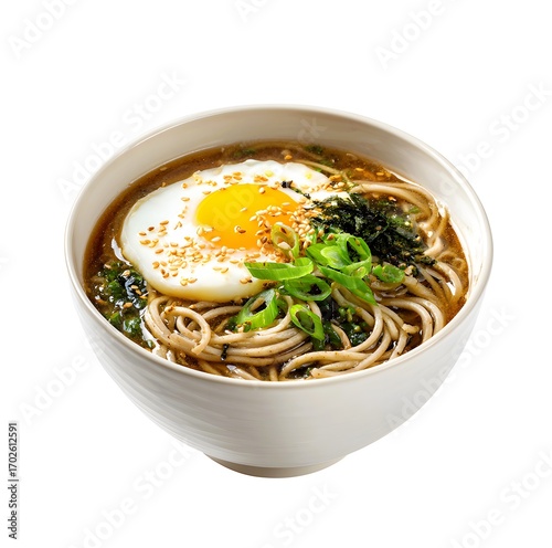 Soba with egg in a white bowl isolated on a white background.