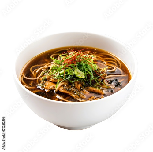 Hot Japanese food of soba in a white bowl isolated on a white background.