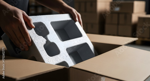 Hands carefully placing a protective molded foam insert into an open cardboard box for shipping.