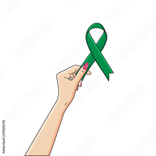 Female Hand Holding Emerald Green Satin Ribbon Liver Cancer Awareness Oncology Vector Illustration