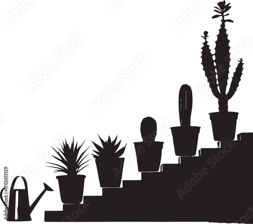 Silhouette of potted cacti and succulents on steps with a watering can potted plants