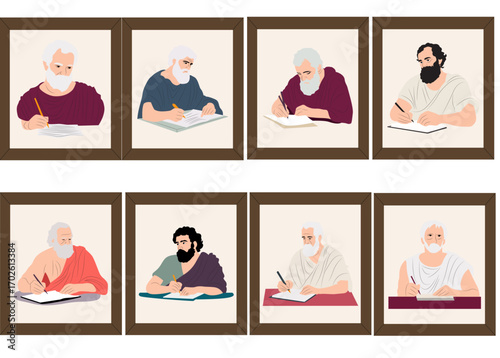 Illustrations of men writing in frames, likely philosophers or writers.