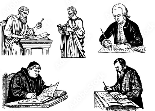 Four figures depicted in antique style, seated and writing or reading, possibly monks or scholars.