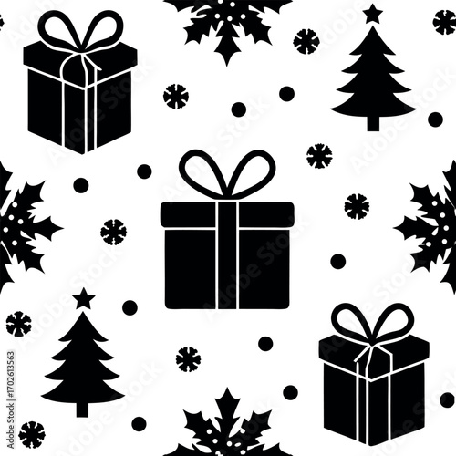 Festive Gift Pattern: A charming pattern of holiday elements, featuring gift boxes, Christmas trees, and snowflakes, set against a pristine backdrop, creating a whimsical and cheerful atmosphere.