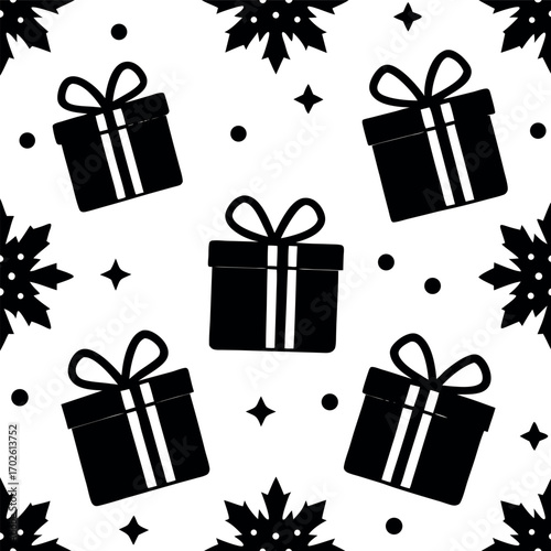 A seamless pattern of colorful Christmas gift boxes and presents with ribbons and bows, perfect for a holiday celebration design vector illustration