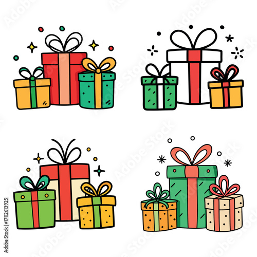 A set of Christmas gift boxes with red ribbon and bow decoration for holiday celebration and surprise