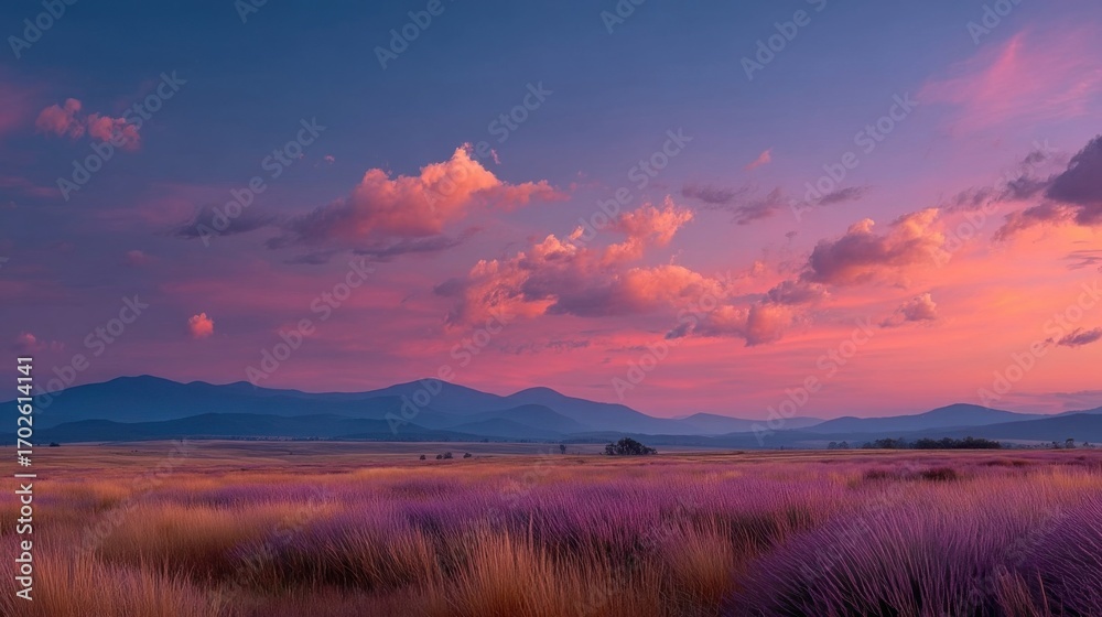 Fototapeta premium Serene sunrise or sunset over a vast plain with purple hued grasses, distant blue mountains,