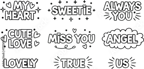 Typography of Affectionate Message: A charming set of hand-drawn typography with different words that expressed feelings of endearment, evoking warmth and love.