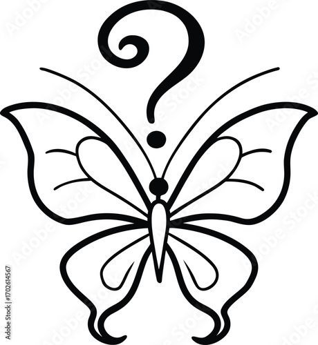 Butterfly with Question Mark Symbolizes Transformation Uncertainty and the Unknown Future on white background