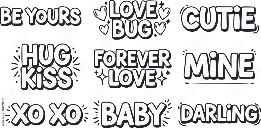Obraz premium Love and Affection Text Embellishments: A collection of artistic, black and white text designs expressing sentiments of love, endearment, and affection, perfect for various creative projects.