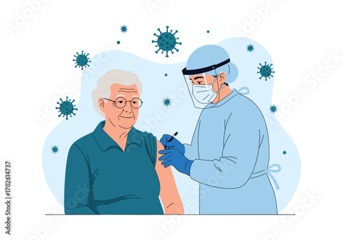 Healthcare professional administers vaccine to elderly person wearing protective gear surrounded by viruses