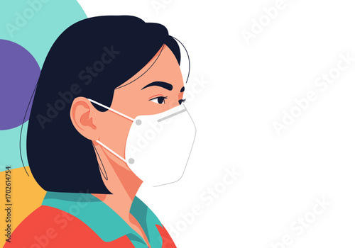 Young woman wearing a white respirator mask for protection against airborne particles and illness