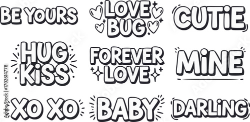 Love and Affection Text Embellishments:  A collection of artistic, black and white text designs expressing sentiments of love, endearment, and affection, perfect for various creative projects.