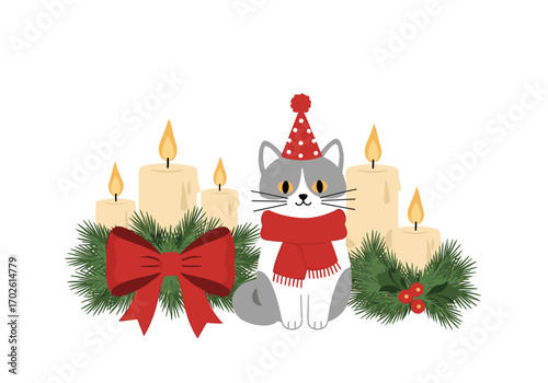 Adorable festive cat wearing a santa hat and scarf surrounded by christmas candles and pine branches for holiday cheer