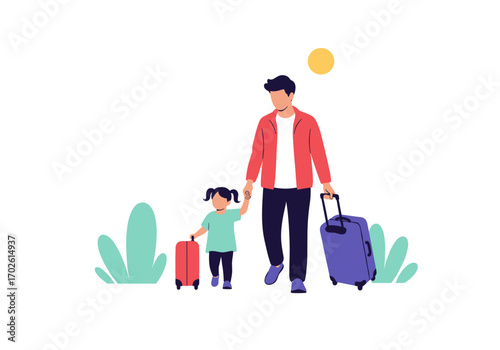 Father and daughter traveling together with suitcases on a sunny day full of hope and excitement for new adventures and wonderful memories