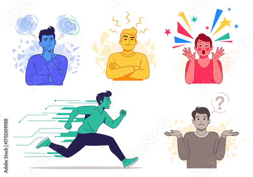Understanding human emotions and actions illustrated through diverse character expressions and activities