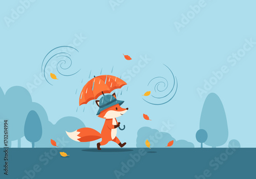 A cute fox walking with an umbrella during autumn wind and falling leaves under a clear sky