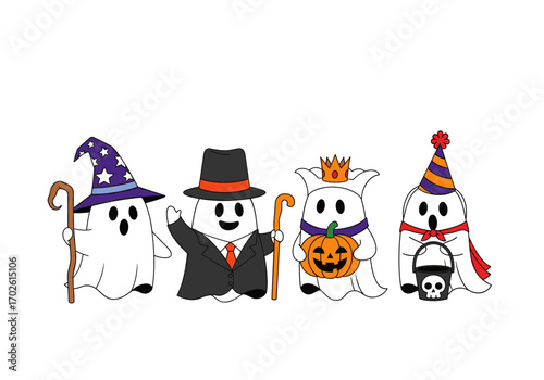 Four cute cartoon ghosts dressed up for halloween ready to trick or treat together