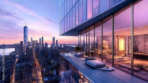 Urban architecture reflected on modern glass skyscraper with clear blue sky picture