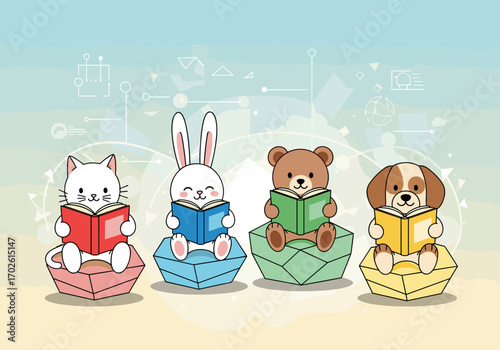 Cute cartoon animals reading books on colorful gems representing learning and knowledge