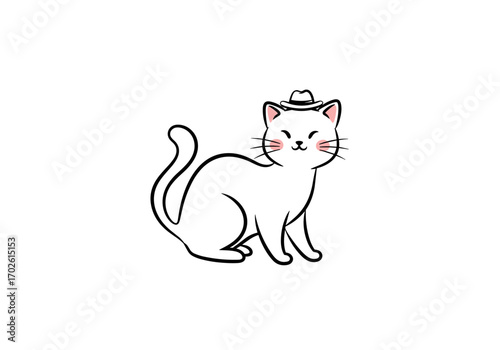 Adorable white cat wearing a cute small hat sitting gracefully and smiling adorably