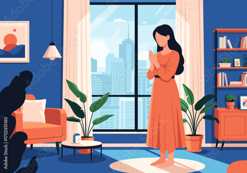 A woman in an orange dress standing in a sunlit room with plants and city views